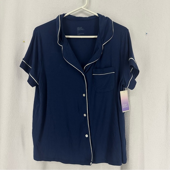 NWT Stars Above Short Sleeve Pajama Shirt Button Womens Medium Blue - Picture 1 of 7